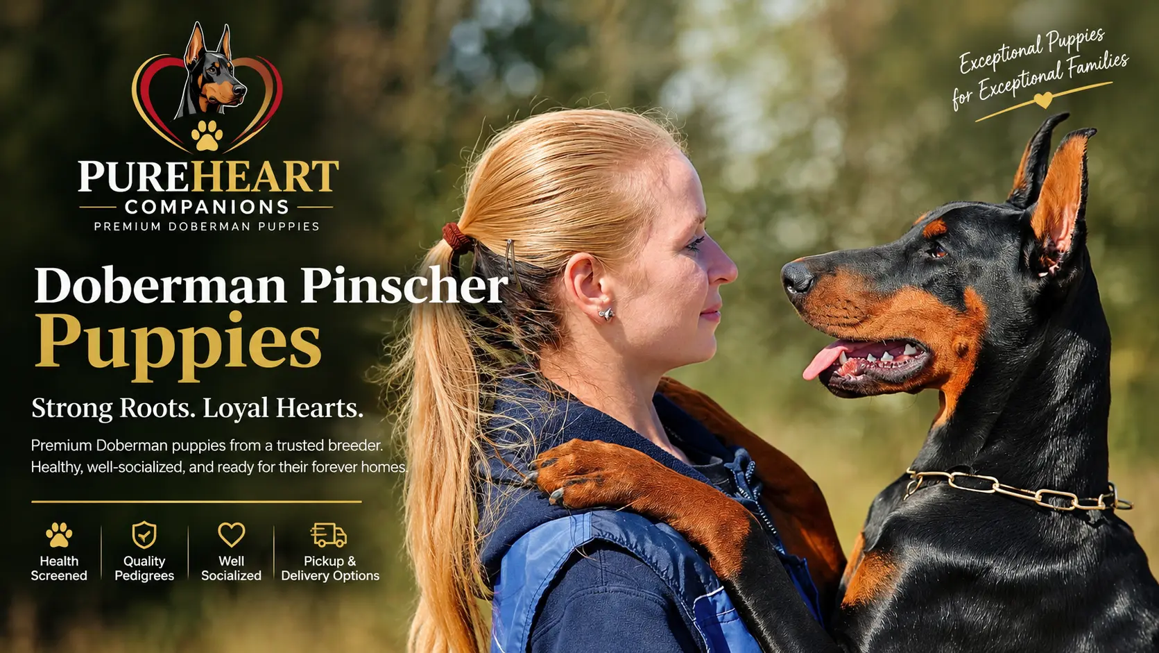 PureHeart Companions banner: black and rust and red and rust Doberman Pinschers with a row of Doberman puppies on a grassy lawn